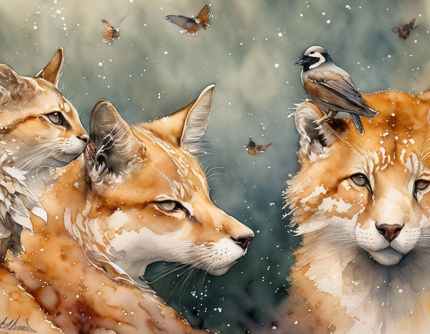 Lynxes and Bird Surrounded by Butterflies in Watercolor Scene