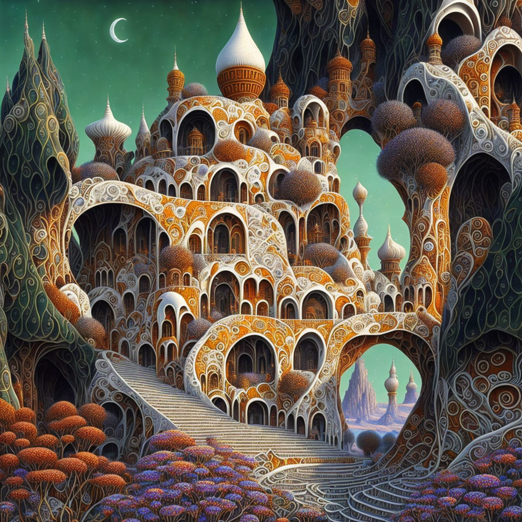 Ornate Mushroom-Like Towers in Surreal Twilight Landscape