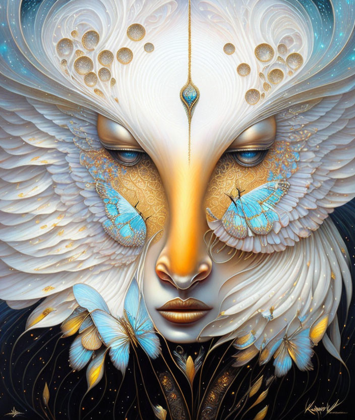 Symmetrical woman-swan fusion with gold patterns and butterflies