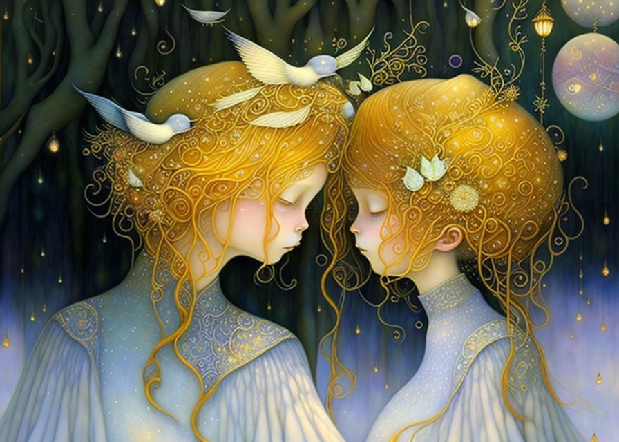 Ethereal figures with golden hair, flowers, birds, mirrored in starry backdrop