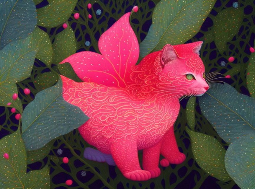 Colorful Illustration of Pink Cat with Intricate Patterns and Green Leaves