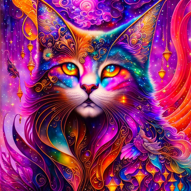 Colorful mystical cat digital artwork with stars, swirls, and lanterns