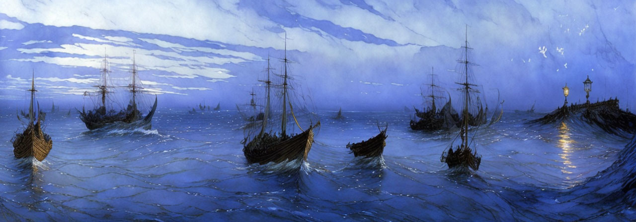 Panoramic maritime painting with ships, ocean, sky, and lighthouse