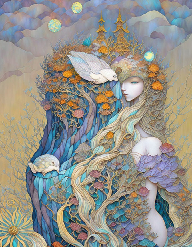 Surreal female figure with tree-like hair, orange blossoms, embraced by branches, and white