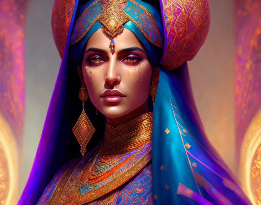 Golden-skinned figure in jeweled turban and elegant attire exudes regal authority