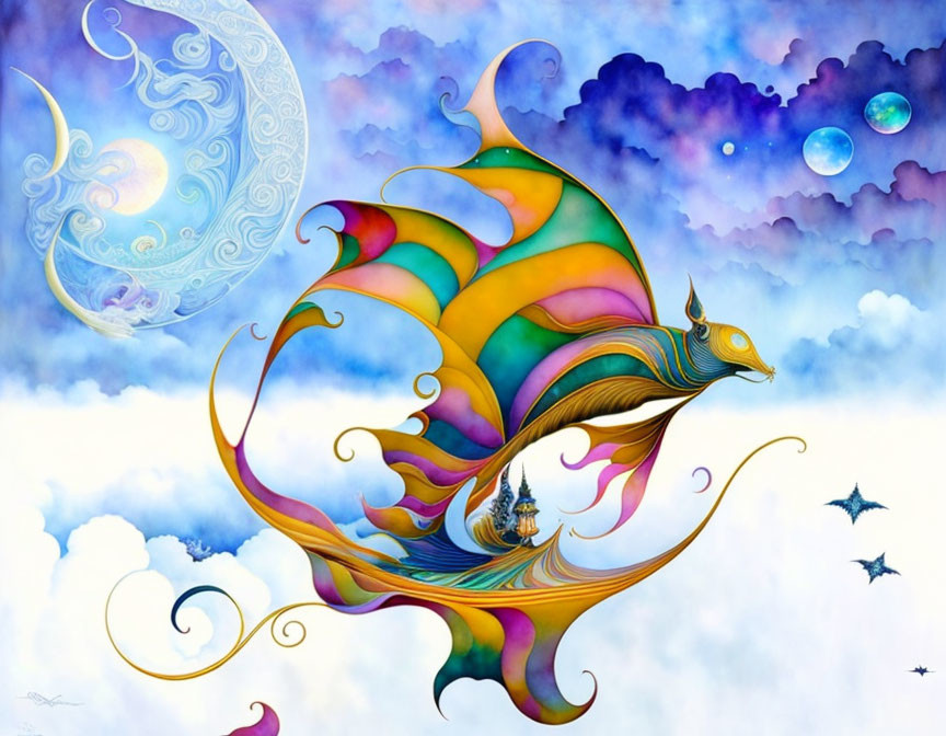 Colorful surreal painting: Decorative fish creature in whimsical celestial scene