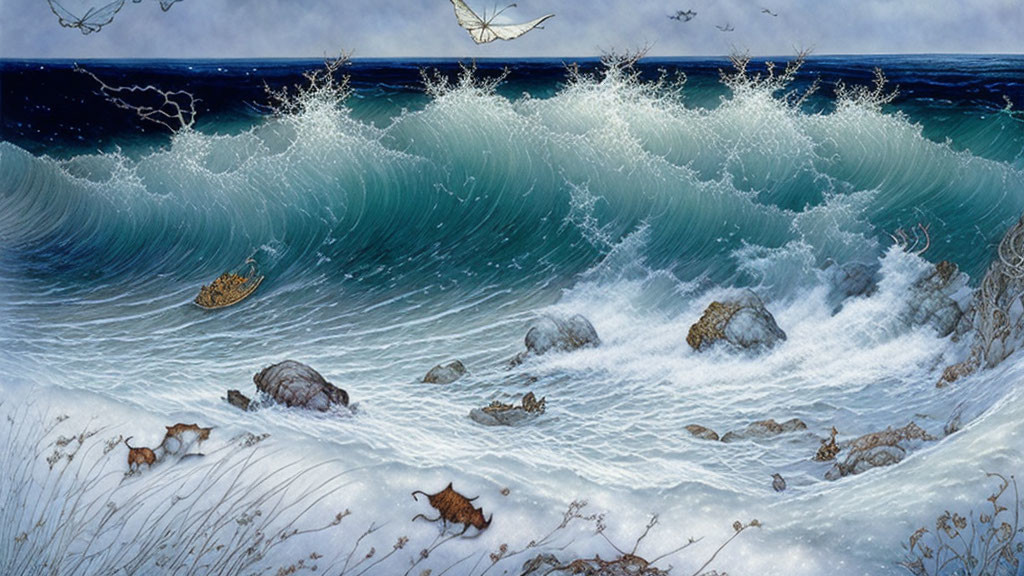 Turbulent sea painting with crashing waves, boat, and wildlife