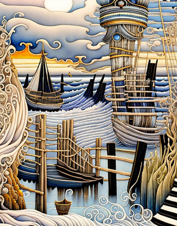 Stylized maritime artwork with ships, waves, patterns, lighthouse, and cloudy sky