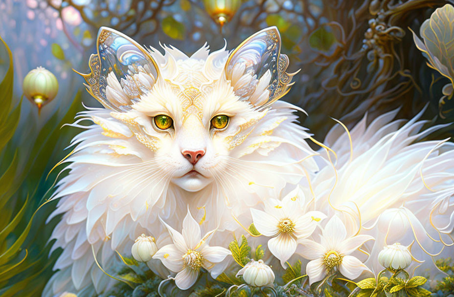 White Fantasy Cat with Gold and Blue Markings in Lush Foliage