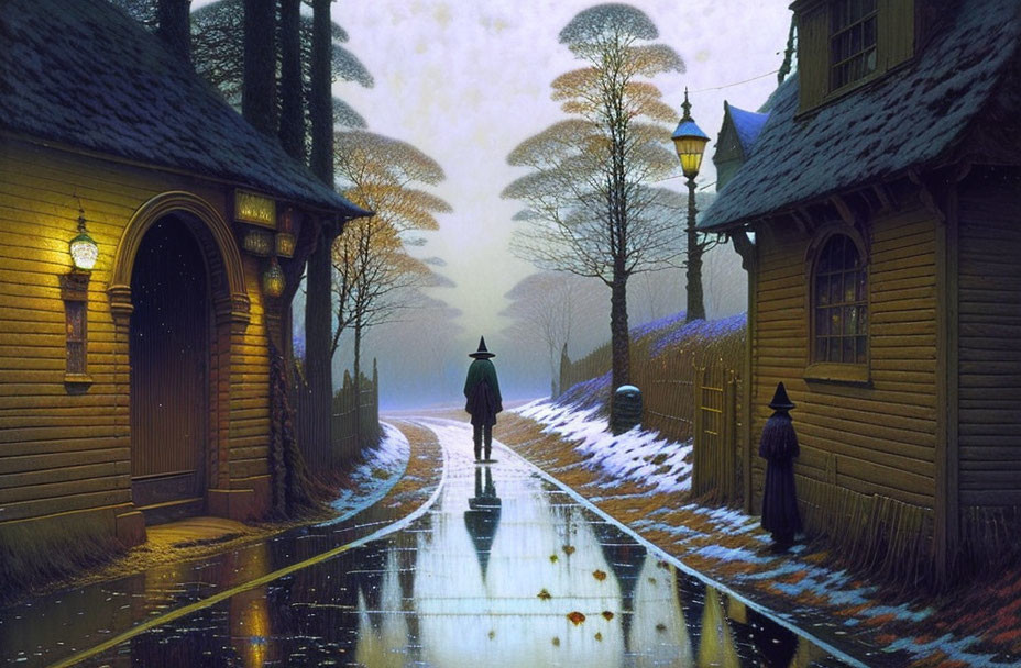 Person walking on cobblestone street at twilight with glowing street lamps, snow, and fall leaves.