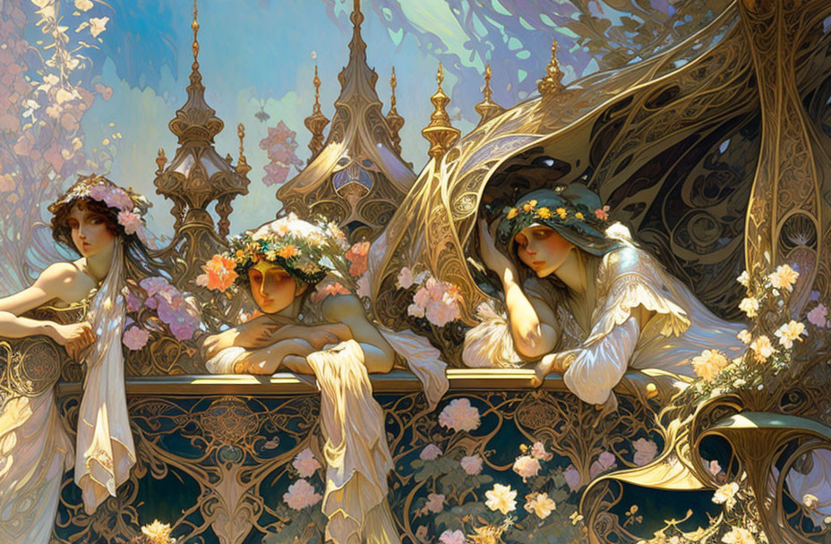 Ethereal illustration of three figures in floral wreaths on a decorative balcony amid fantastical garden