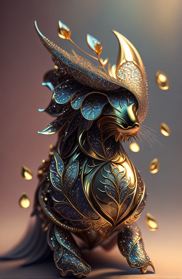 Golden ornate feline creature with intricate patterns and glimmering droplets