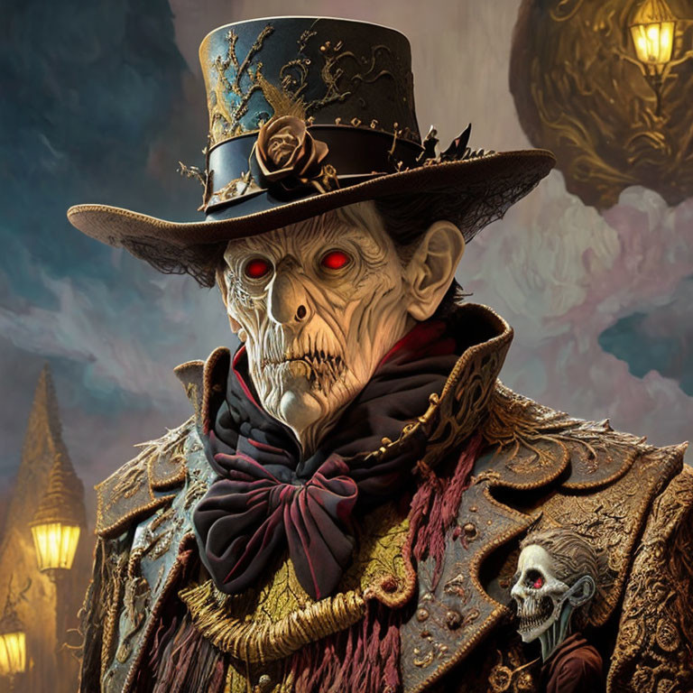 Skeletal figure in bone-adorned top hat, Gothic backdrop