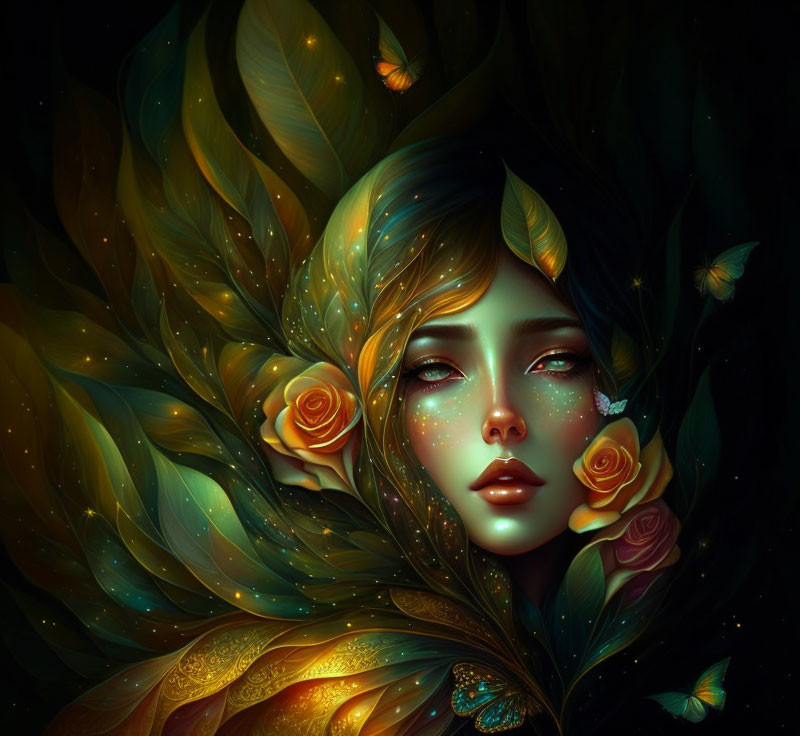 Illustrated woman with leaf hair, golden patterns, roses, butterflies in dark ambiance