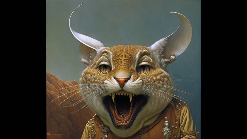 Hyper-realistic surreal anthropomorphic feline illustration in regal attire roaring or speaking.