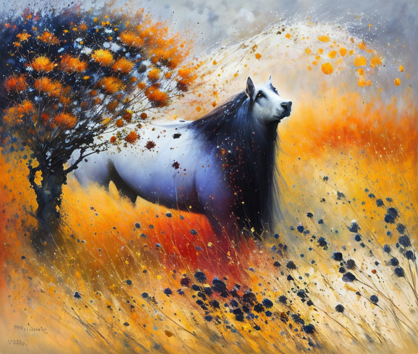 Majestic black horse under fiery-hued tree in dynamic autumn scene