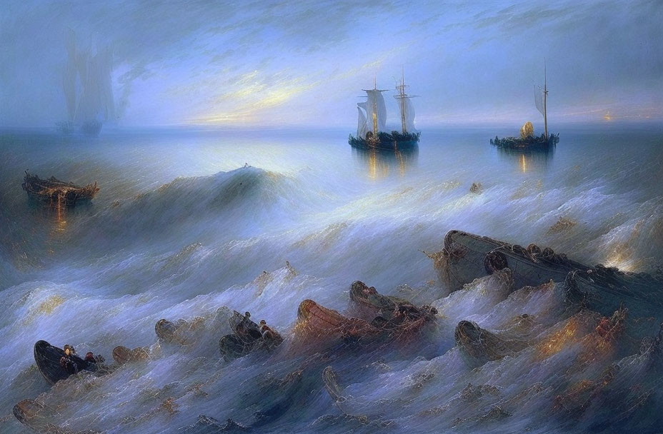 Ethereal maritime scene with ships at sea in misty waters