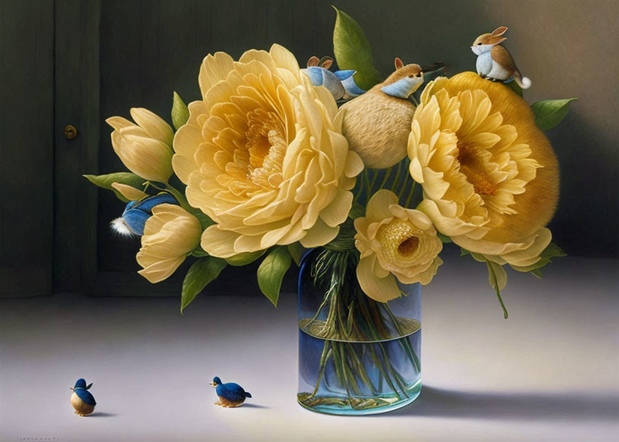 Realistic painting of vibrant yellow peonies with birds in glass vase