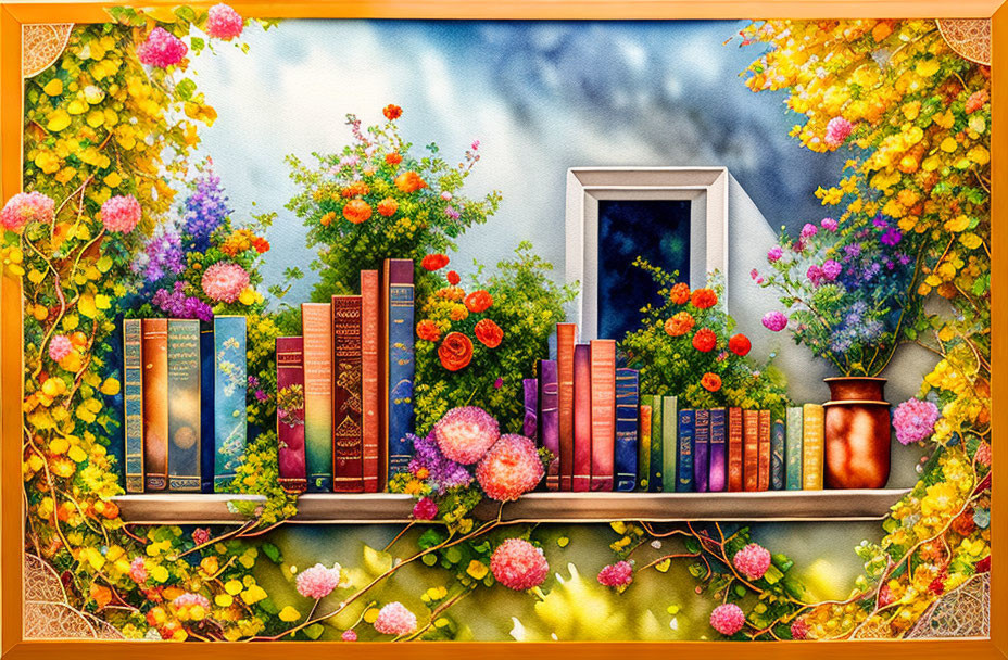 Colorful Bookshelf Artwork with Window, Flowers, and Sky