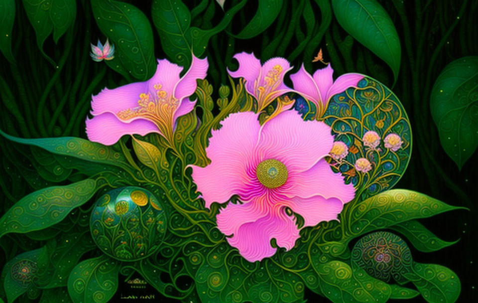 Colorful digitally-rendered flowers on dark green foliage with whimsical creatures