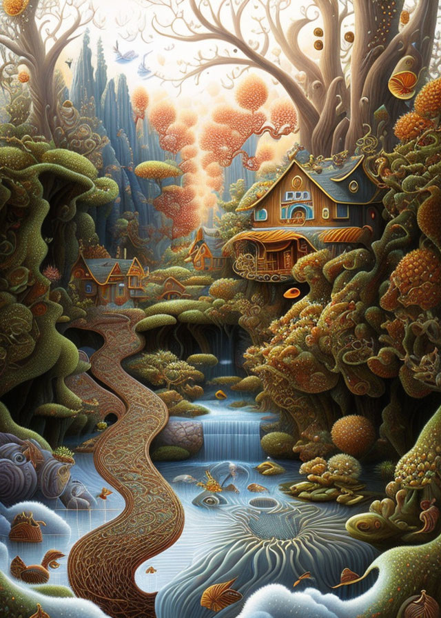 Illustration of fairy-tale landscape with quaint house, vibrant trees, and winding stream.