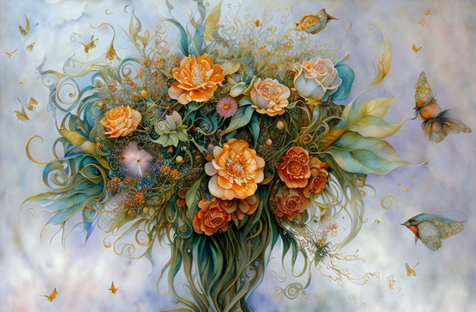 Colorful painting of orange and pink flowers, butterflies, and leaves on a soft blue background