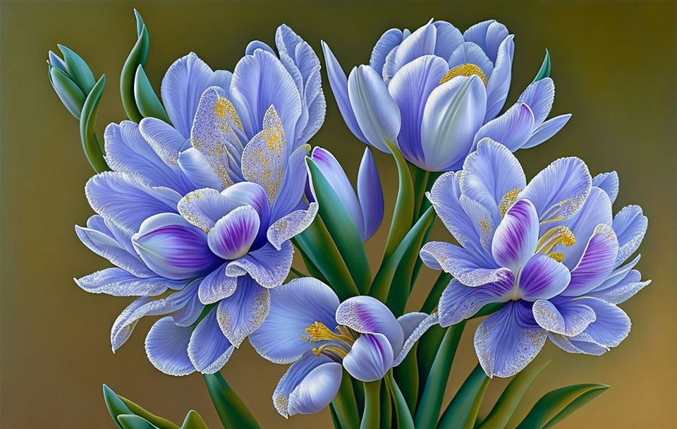 Colorful Blue and Purple Flowers with Yellow Stamens on Brown Background