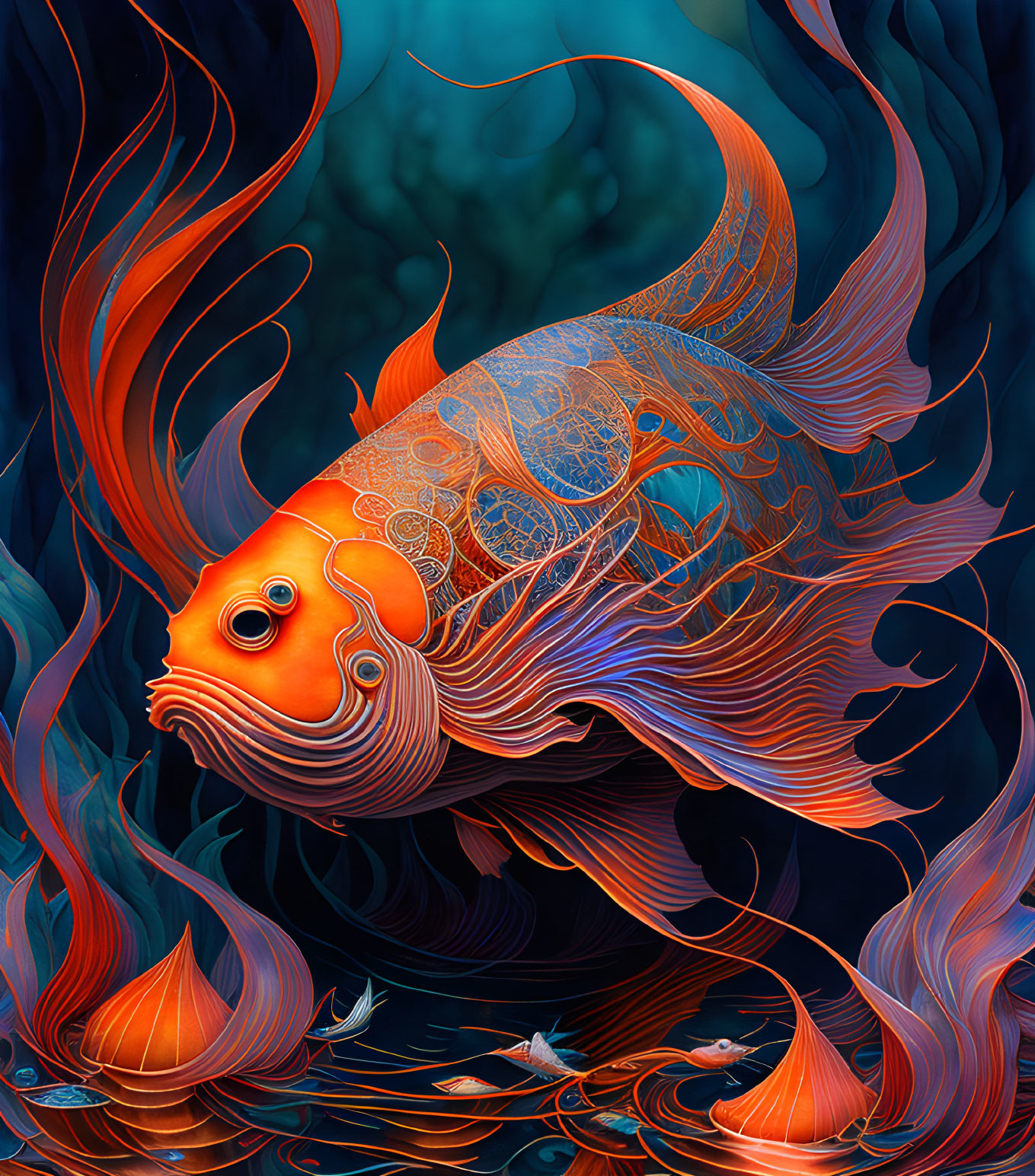 Colorful Ornate Orange Fish Illustration in Underwater Setting