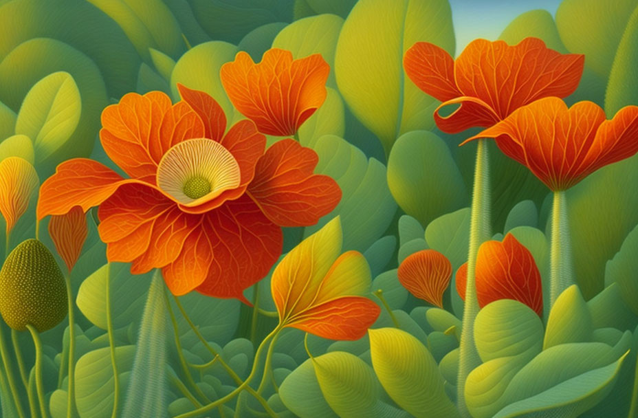 Orange flowers with green leaves in lush botanical scene