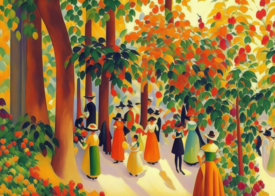 Colorful painting of people in vintage attire walking among stylized autumn trees