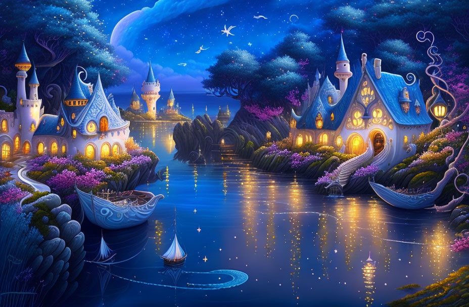 Whimsical illuminated houses by tranquil lake at night