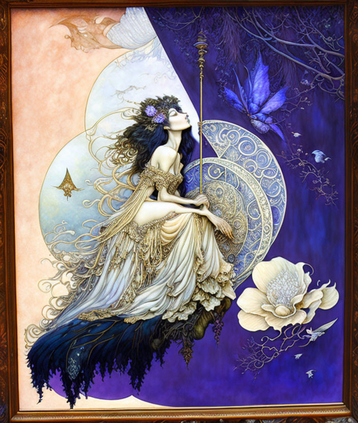 Illustration of woman with dark & light contrast, moon & night elements, adorned with flowers, flowing