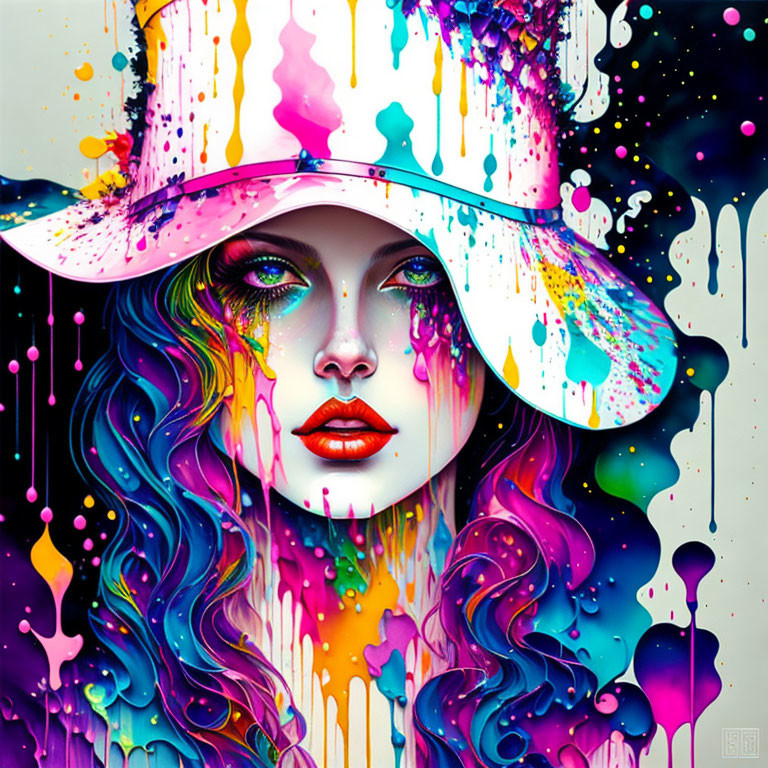 Colorful digital artwork of woman's face with flowing hair and white hat.