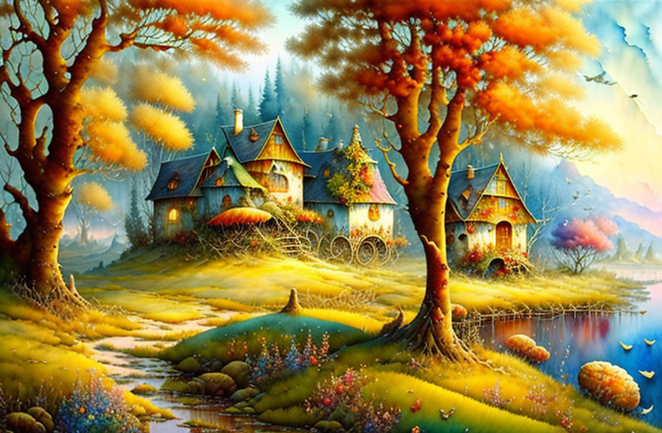 Tranquil autumn landscape with cottage, river, and vibrant trees