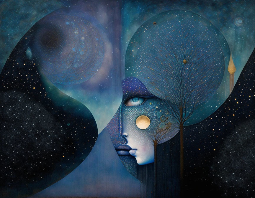 Surreal artwork: Woman's face merged with cosmic and tree-like elements in starry night sky