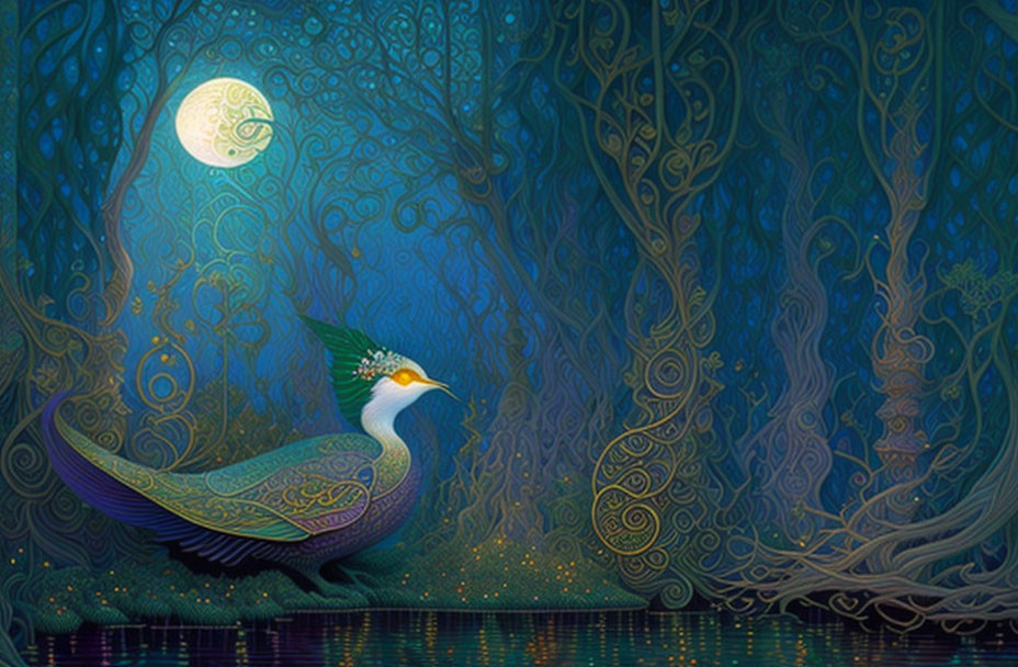 Peacock under crescent moon in enchanted forest with intricate tree patterns