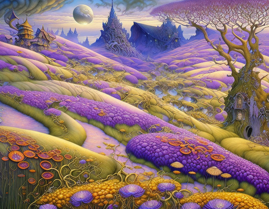 Fantastical landscape with purple hills, whimsical trees, colorful flora, moon, and distant cast