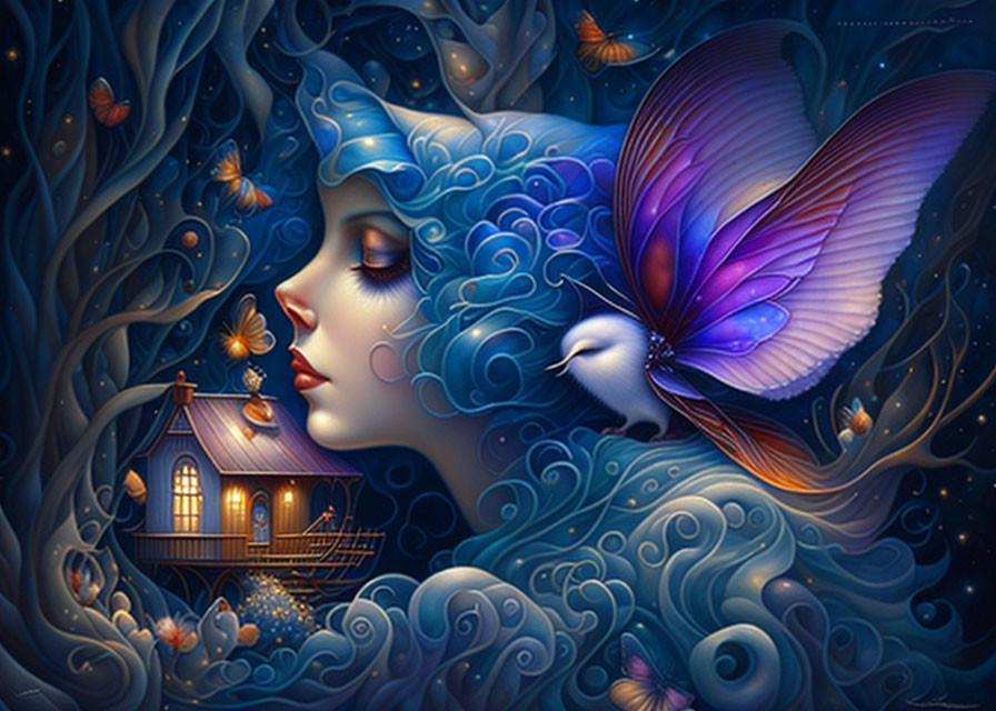 Colorful illustration of woman with blue hair in nature with butterfly, bird, and small house