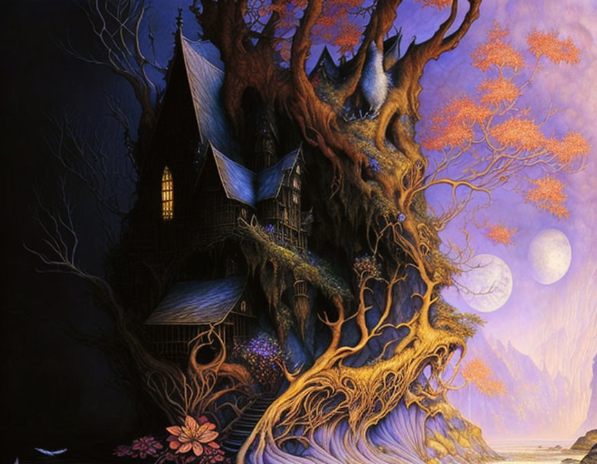 Fantasy artwork: Towering tree with house, full moon, red foliage