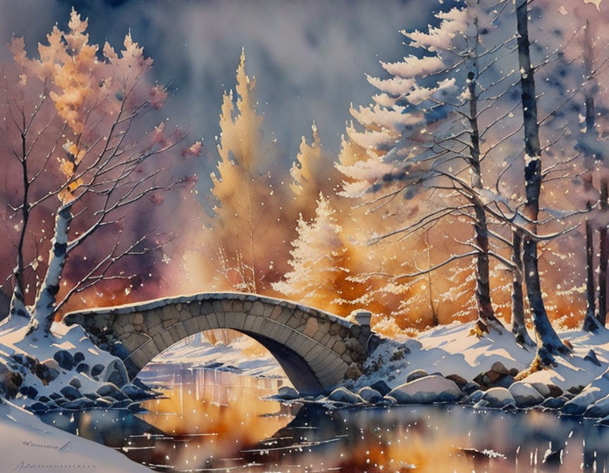 Winter Stone Bridge Over Reflective River Amidst Snow-Covered Ground