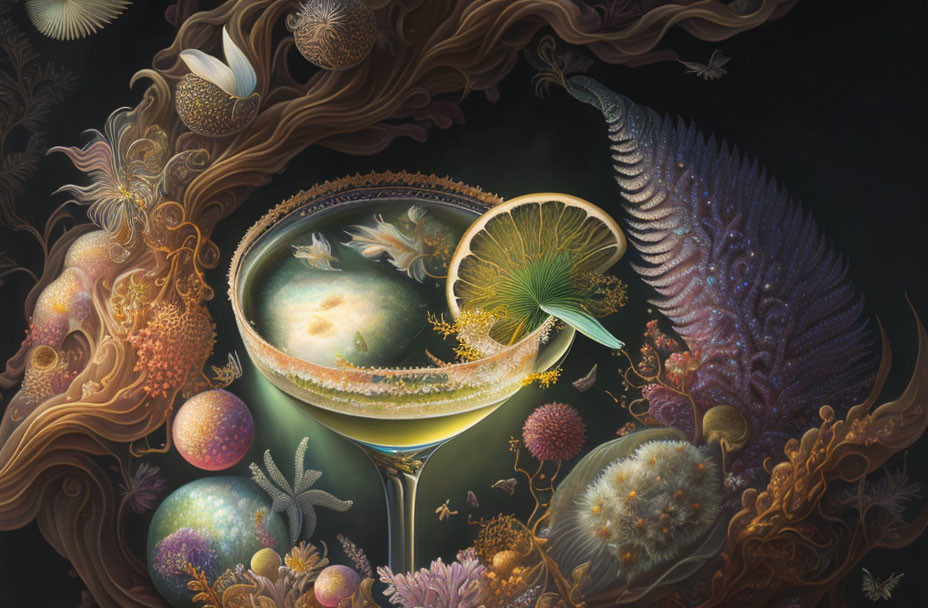 Surreal painting featuring cocktail glass, marine life, botanical elements, citrus slice, and floral garn