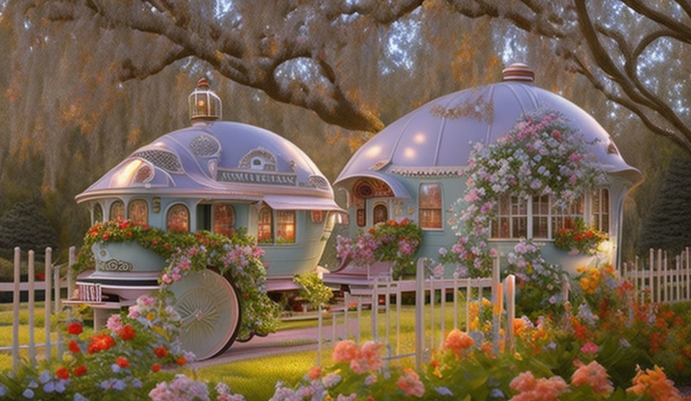 Whimsical caravan homes with flower adornments under a willow tree at dusk