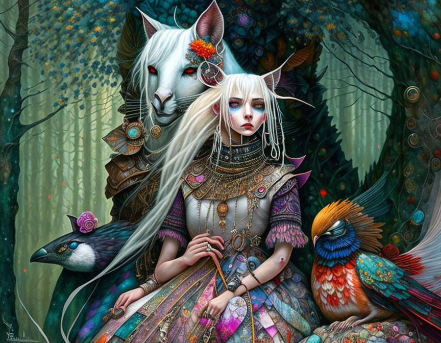 Fantasy Artwork: Pale Woman, White Wolf, Colorful Birds in Enchanted Forest