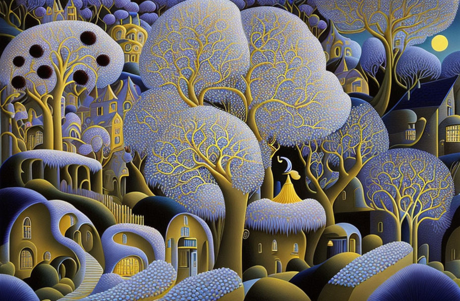 Whimsical painting with blue trees, hills, yellow moon in fantasy village