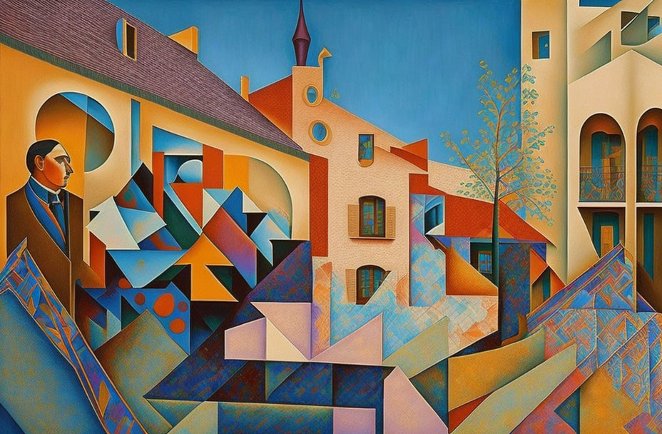 Colorful Cubist-style painting of a man in a suit with abstract buildings in warm tones