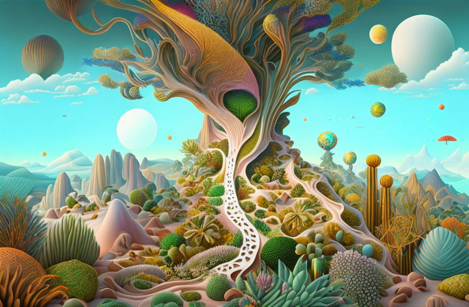 Surreal landscape with massive tree and alien flora in clear sky