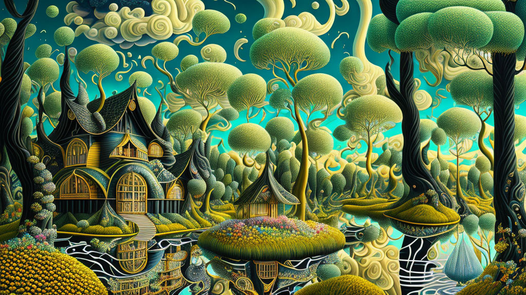 Whimsical landscape with stylized trees and houses under surreal sky