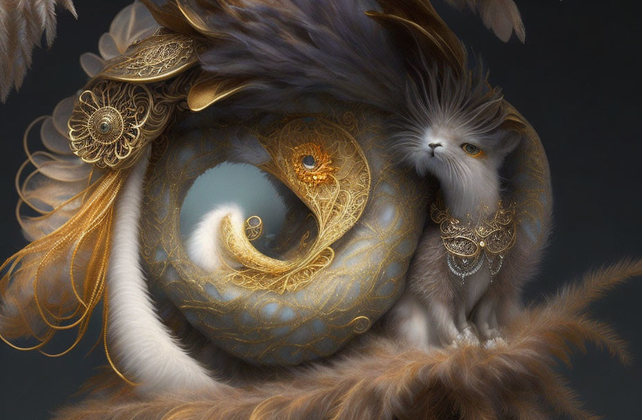 White Fluffy Cat with Intricate Owl Eye and Golden Feathers