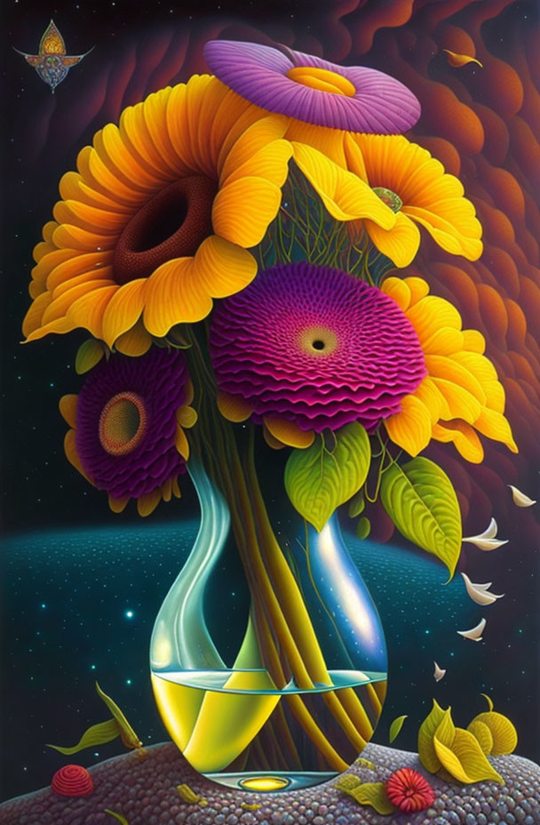 Vibrant flowers in twisted vase on cosmic backdrop