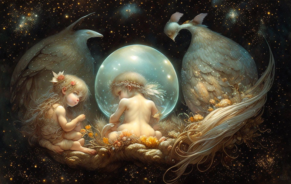 Fantastical painting of winged children, mythical birds, and glowing orb in starry scene